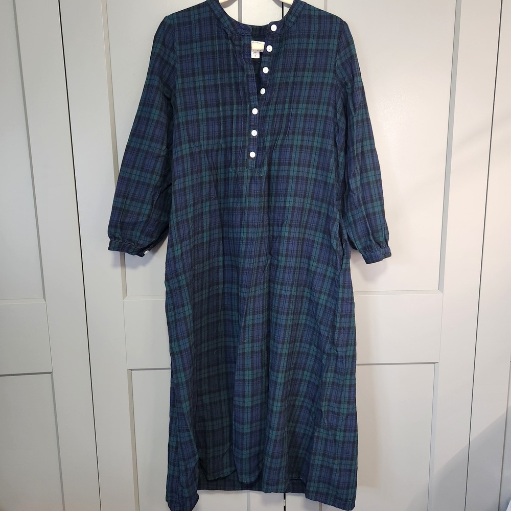 Lanz of Salzburg Blue Green Plaid Flannel Long Sleeve Midi Dress S Small Pockets